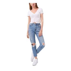 NWT 1. STATE Womens White Stretch Short Sleeve V Neck T-Shirt L